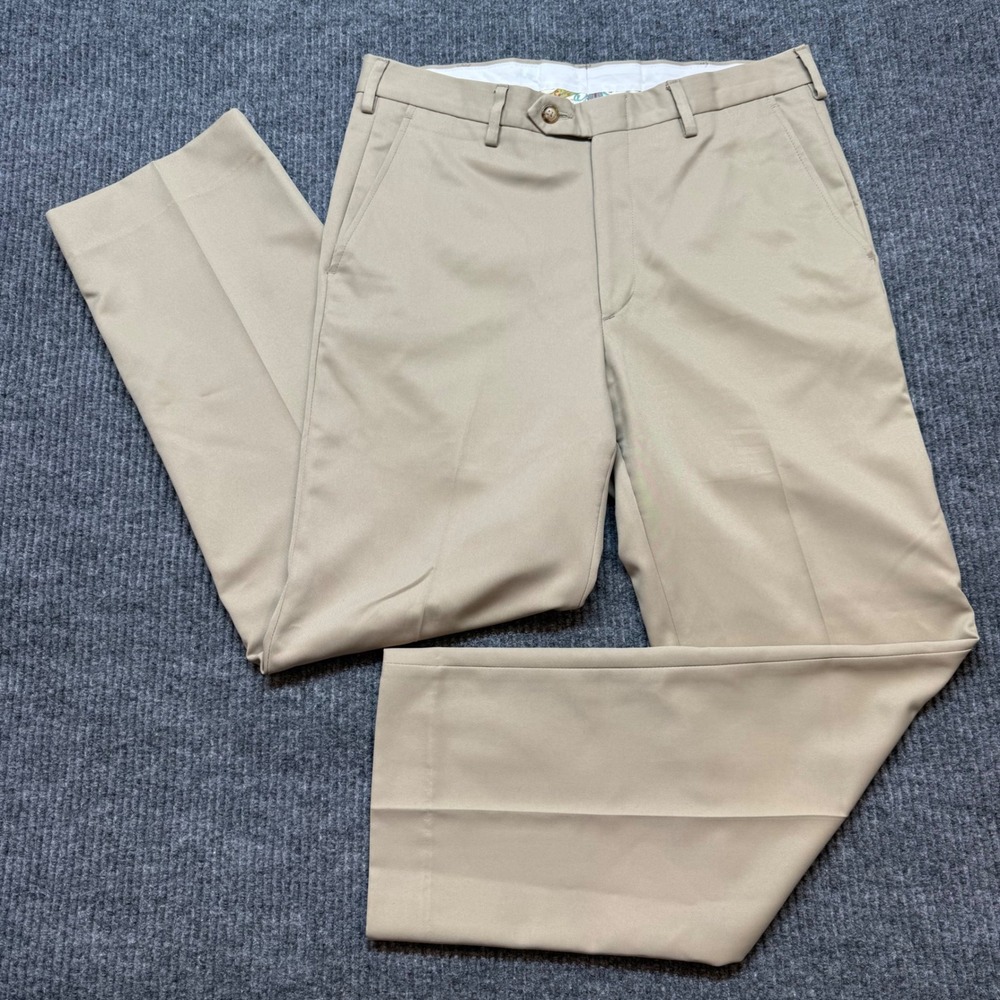 Tom James Khaki Dress Pants Mens 32x30 Flat Front Tailored Luxury Trouser